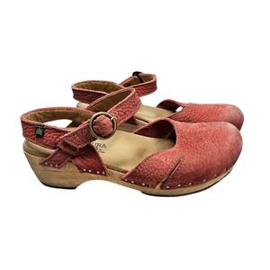El Naturalista Red Leather Ankle Strap Clogs Wedge Wooden Sole Comfort Shoes 39